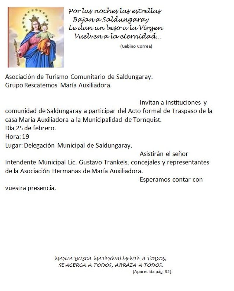 Saldungaray - Invitaciòn a participar del traspaso del edificio Marìa Auxiliadora a la òrbita municipal