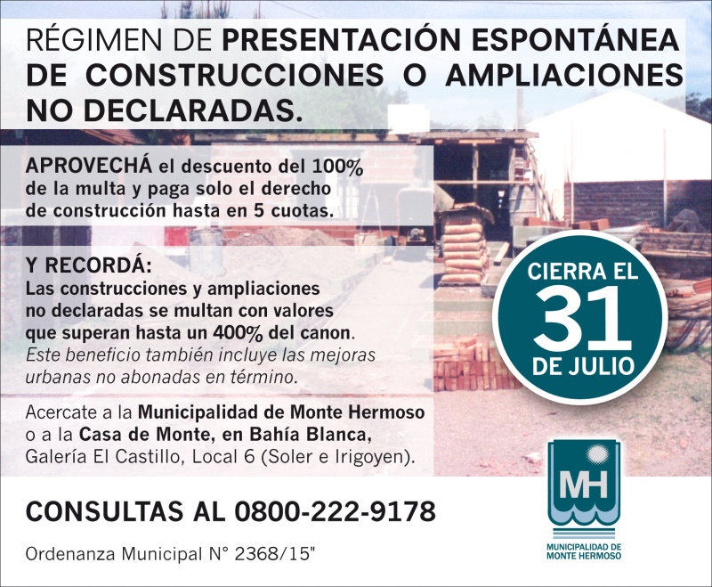 Monte Hermoso - Hasta el 31 de julio permanecerá en vigencia la Ordenanza Municipal Nº 2.368/15
