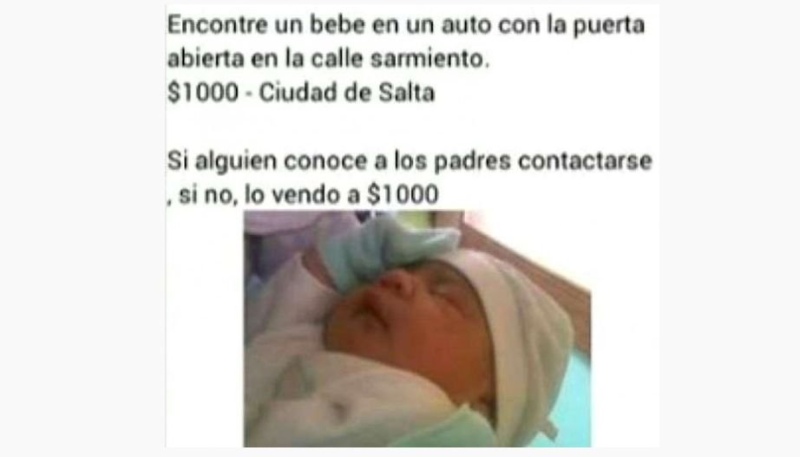 Facebook - "Encontré un bebé, lo vendo a 1.000 pesos"; la publicación que genera indignación