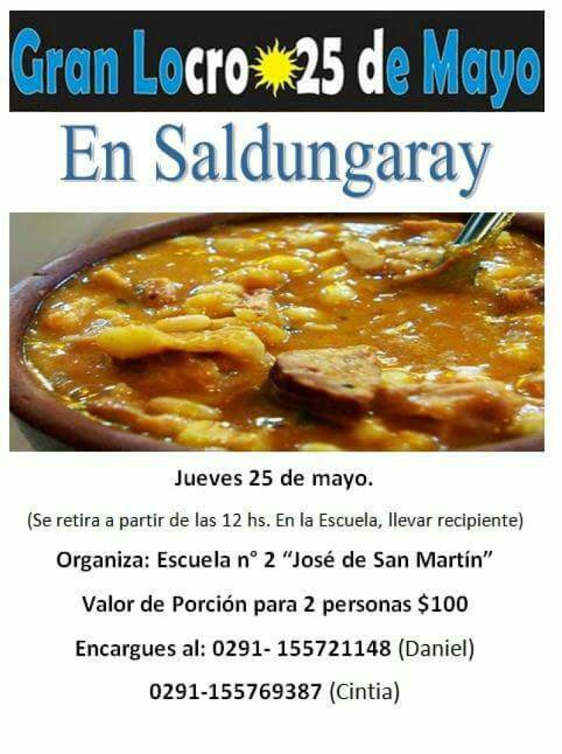 Saldungaray - Se podrá degustar el tradicional "locro", el 25 de Mayo