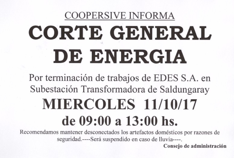 Sierra de la Ventana - Coopersive informa un corte de energía, para el miércoles 11-10
