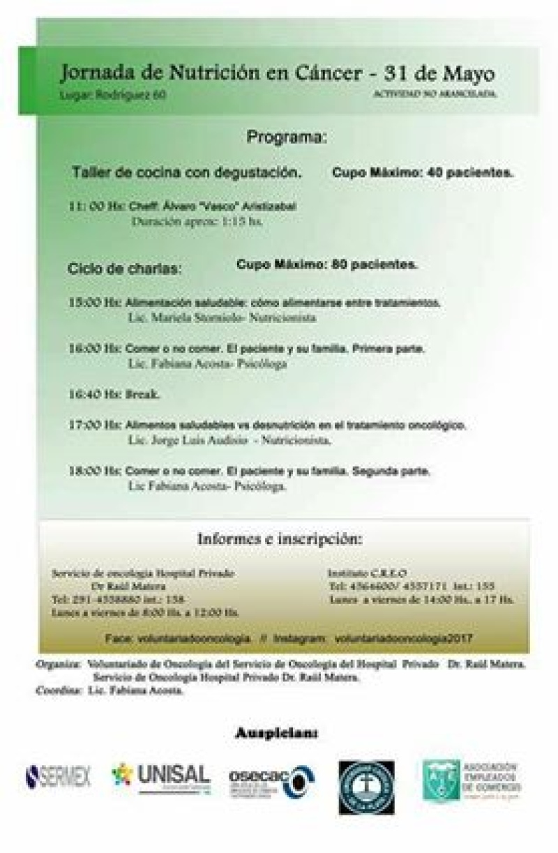Bahía Blanca- Se realizará una Jornada de Nutrición en Cáncer