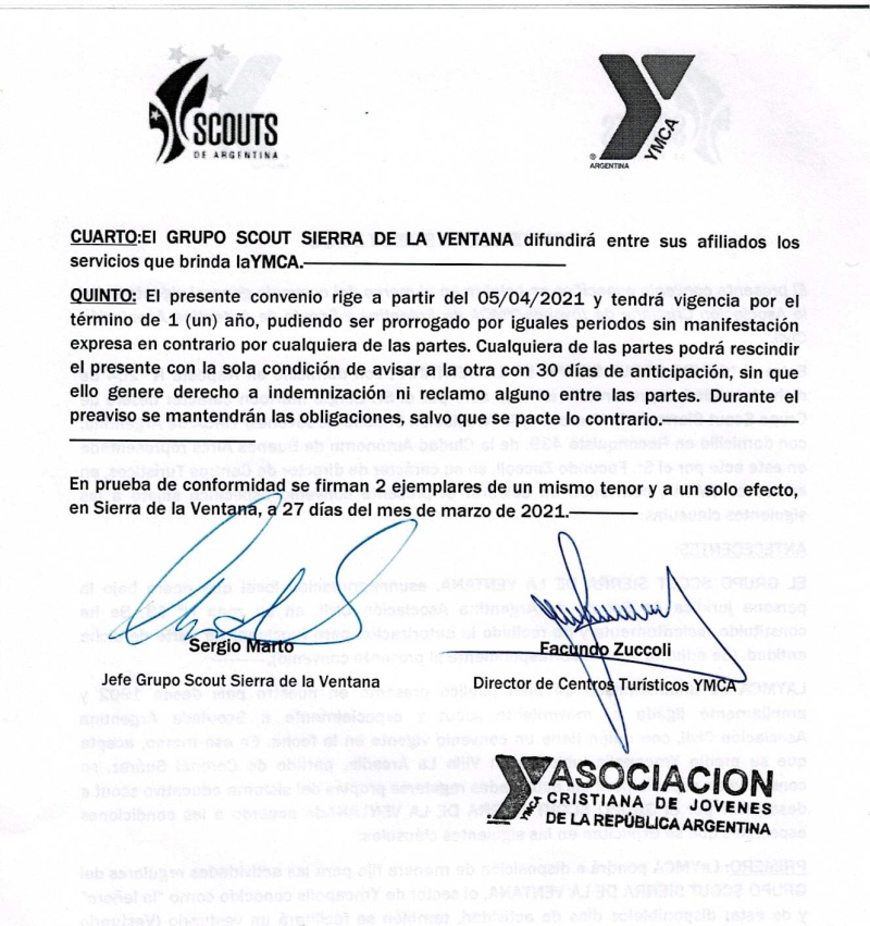 Sierra de la Ventana - Los Scouts ya firmaron el convenio con la Asociación Cristiana de Jóvenes