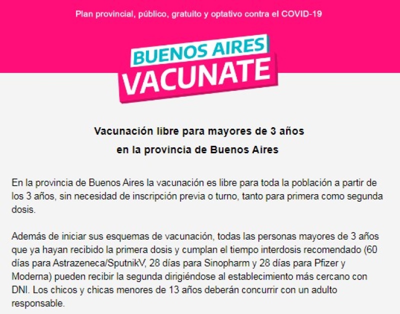 Vacunación libre para mayores de 3 años en la provincia de Buenos Aires