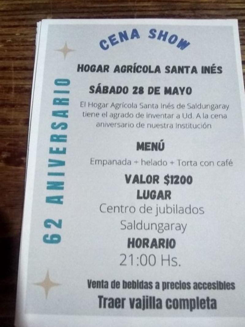 Saldungaray – El Hogar Agrícola "Santa Inés" presenta su cena show el sábado 28 de Mayo